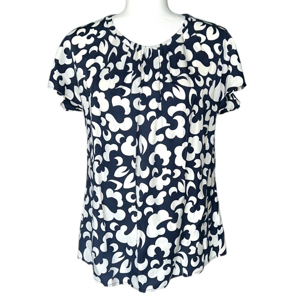 Boden Ravello Silk Blend Navy Blue & White Floral Print Pleated Top - 8